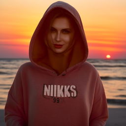 A beautiful Russian woman in a hijab and a hoodie sweatshirt bearing the inscription 'NENK'S', posing on the beach in the beautiful light of the sunset.