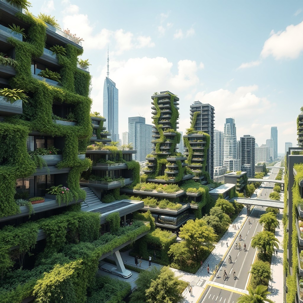 Welcome to the breathtaking sustainable city of 2050, a beacon of innovation and eco-conscious living! As we embark on our guided tour, the first thing that captures your attention is the awe-inspiring green architecture