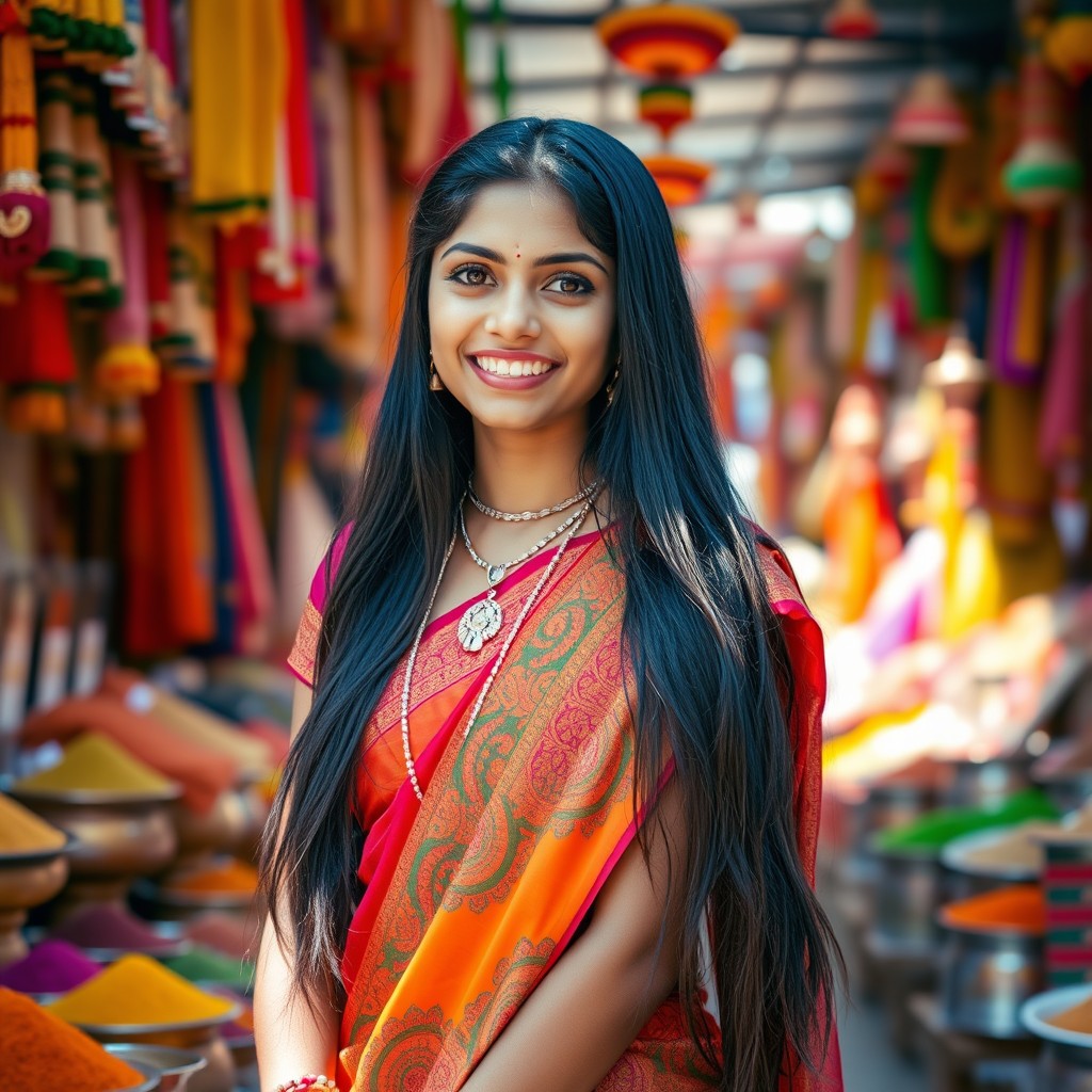A beautiful Indian girl with long black hair wearing a colorful traditional saree, standing in a vibrant marketplace filled with bright textiles and spices