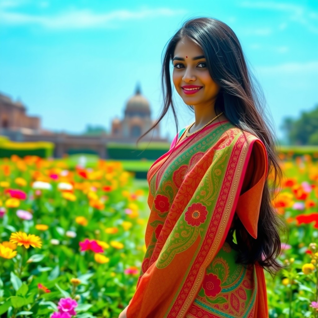 A beautiful Indian girl with long black hair, dressed in a vibrant traditional saree adorned with intricate patterns and bright colors