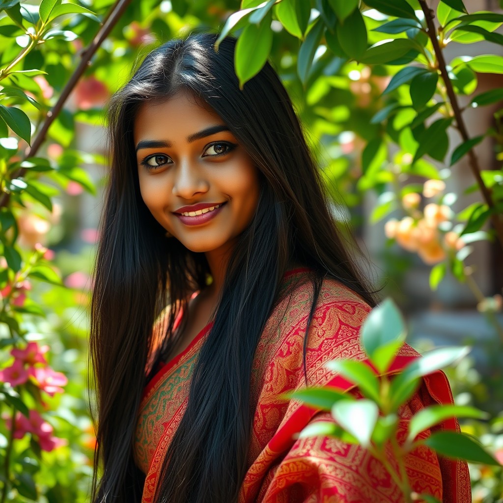 A portrait of a beautiful Indian girl with long black hair and warm brown skin, wearing a traditional colorful saree adorned with intricate patterns
