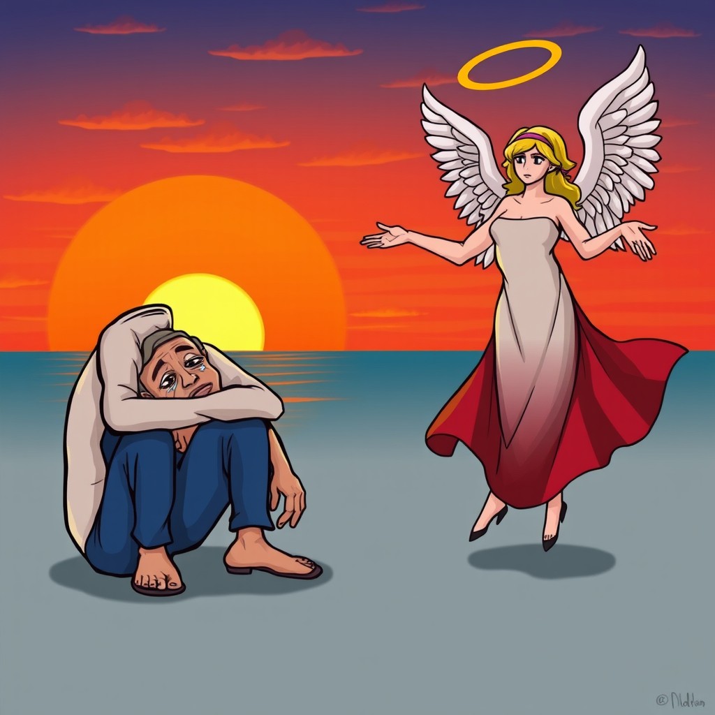 A personified illustration of Cuba depicted as a defeated and tired figure, with tearful eyes and slouched posture, representing the island's struggles