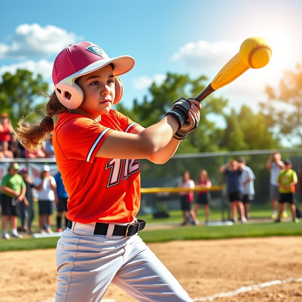 A dynamic action shot of a 12U Girls Softball player mid-swing, wearing a bright team uniform, complete with a cap and a glove
