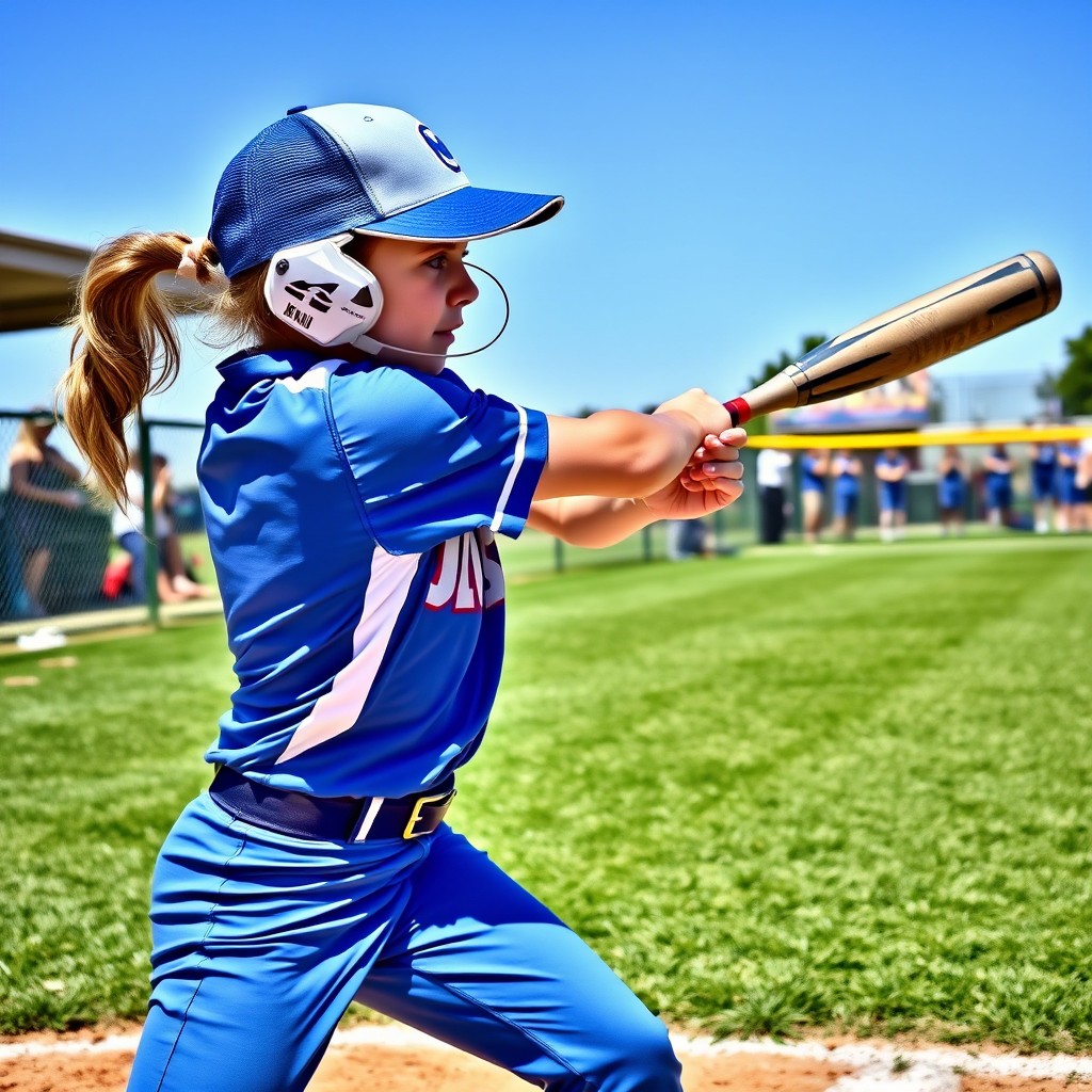 A dynamic scene of a 12U Girls Softball player in action, wearing a vibrant team uniform in shades of blue and white, with a baseball cap
