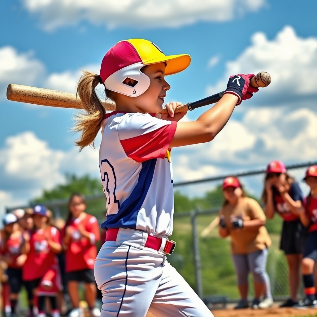 A dynamic and action-packed scene featuring a 12U girls' softball player in mid-swing, showcasing her athleticism and determination