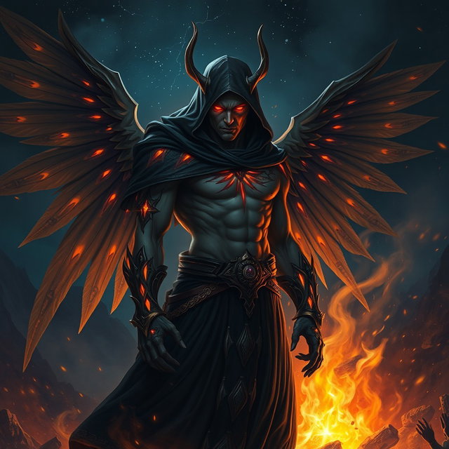 Seraphin Blazeveil, a cursed Aasimar with radiant tattoos glowing faintly through his dark, shadowy cloak
