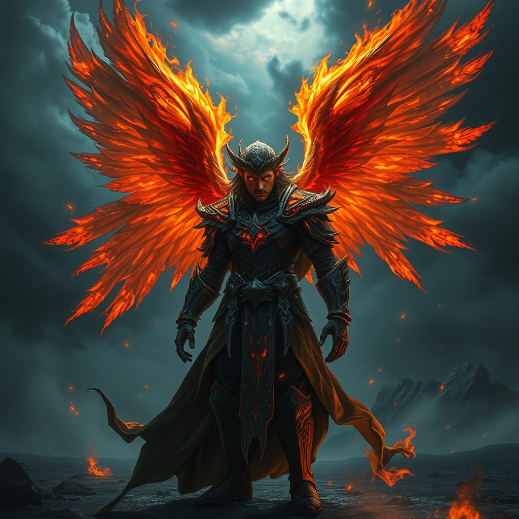 Seraphin Blazeveil, a cursed Aasimar warrior, stands in a desolate landscape cloaked in swirling shadows