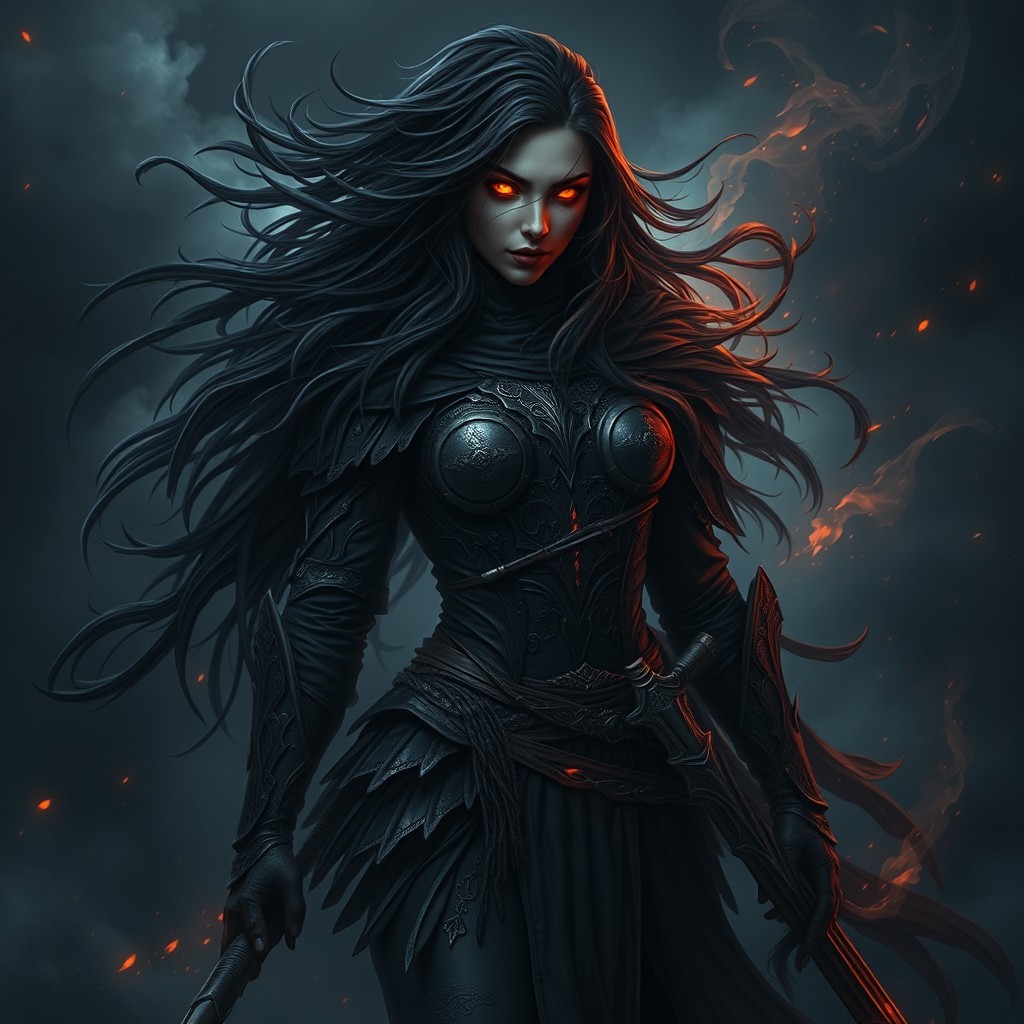 Seraphin Blazeveil, a cursed Aasimar warrior, cloaked in flowing, dark shadows that obscure her form, with glowing ember-like eyes that reflect her inner rage