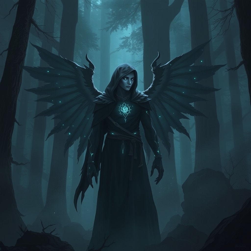 Seraphin Blazeveil, a cursed Aasimar cloaked in deep shadows, standing in a mystic forest