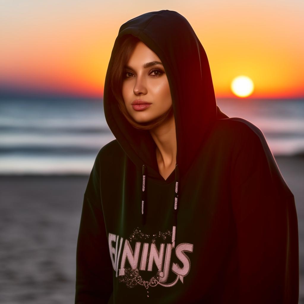 A beautiful Russian woman in a hijab and a hoodie sweatshirt bearing the inscription 'NENK'S', posing on the beach in the beautiful light of the sunset.