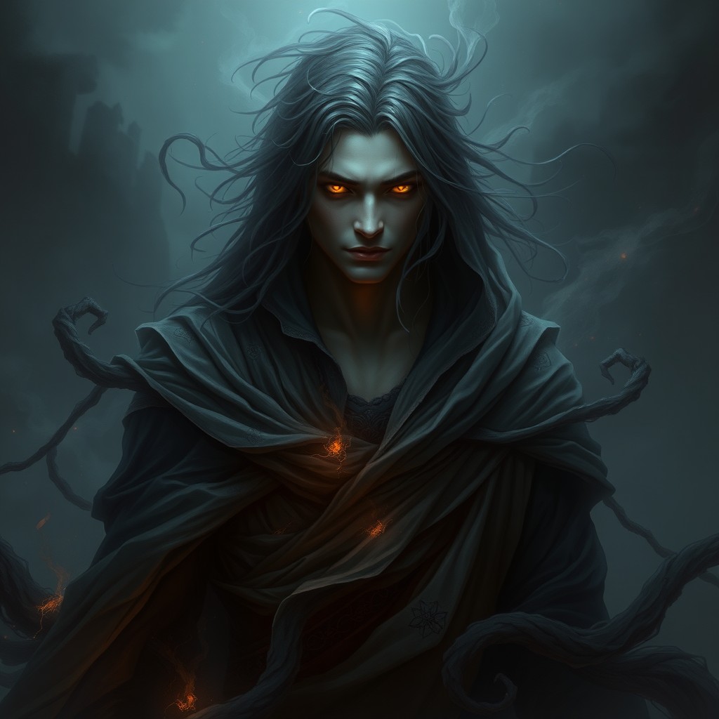 A male Aasimar, cursed, shrouded in deep shadows that swirl around him, creating an ethereal and haunting effect