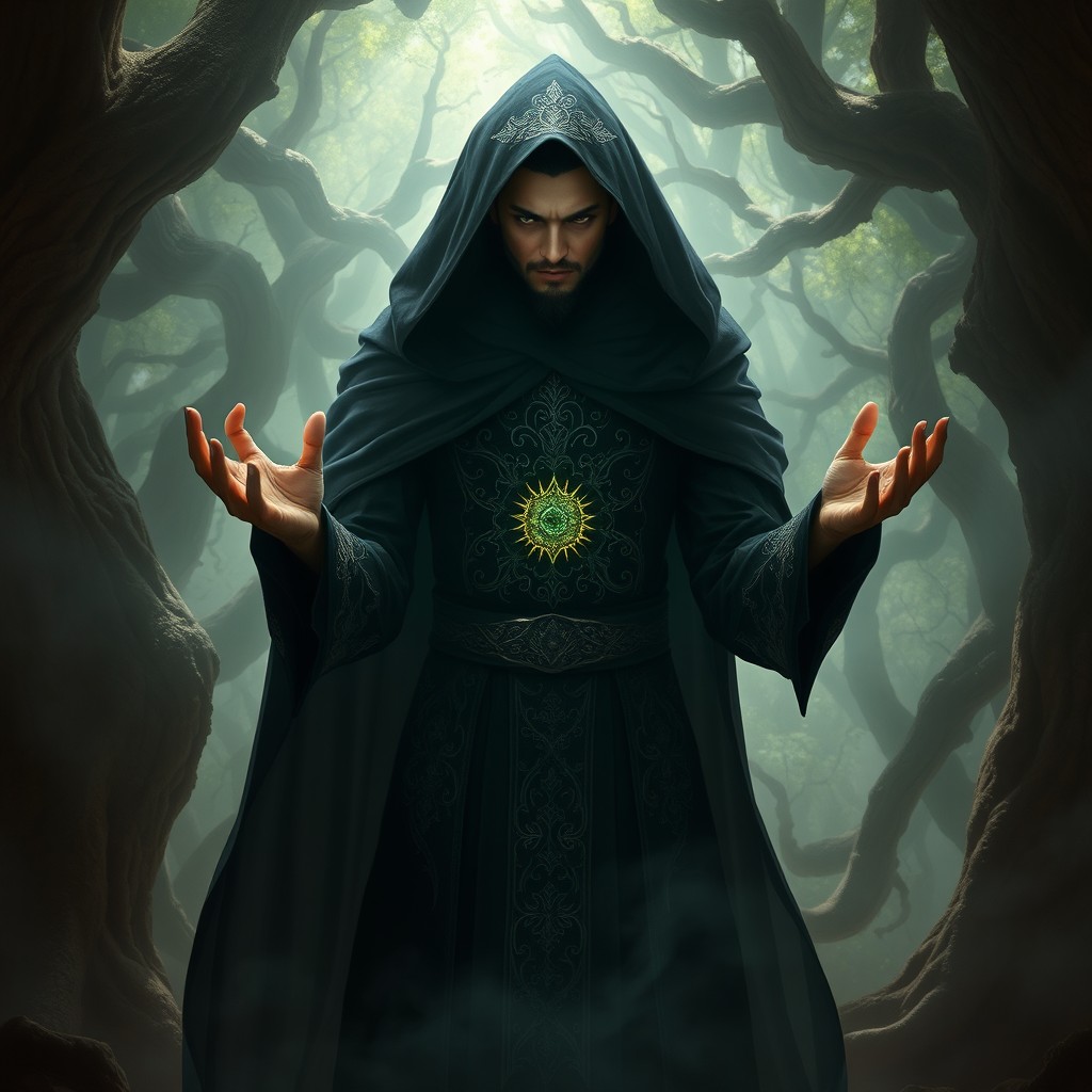 A dramatic portrayal of a male cursed Aasimar cleric, shrouded in dark, swirling shadows that envelop his figure