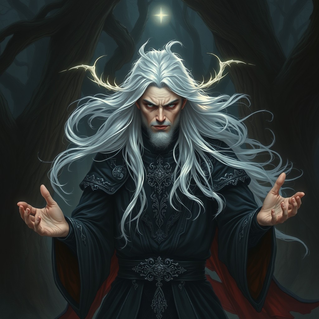 A striking depiction of a male cursed Aasimar cleric with flowing white hair, enveloped in swirling shadows that accentuate his celestial yet tormented essence