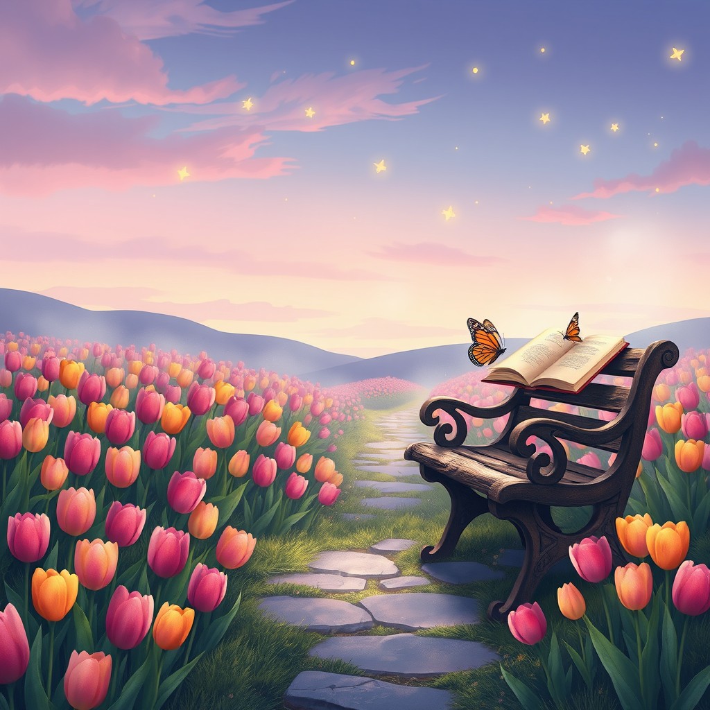 A fairy tale illustration in a landscape format: a vibrant tulip field under the soft twilight light, with a sky in pastel hues of lilac, pink, and deep blue
