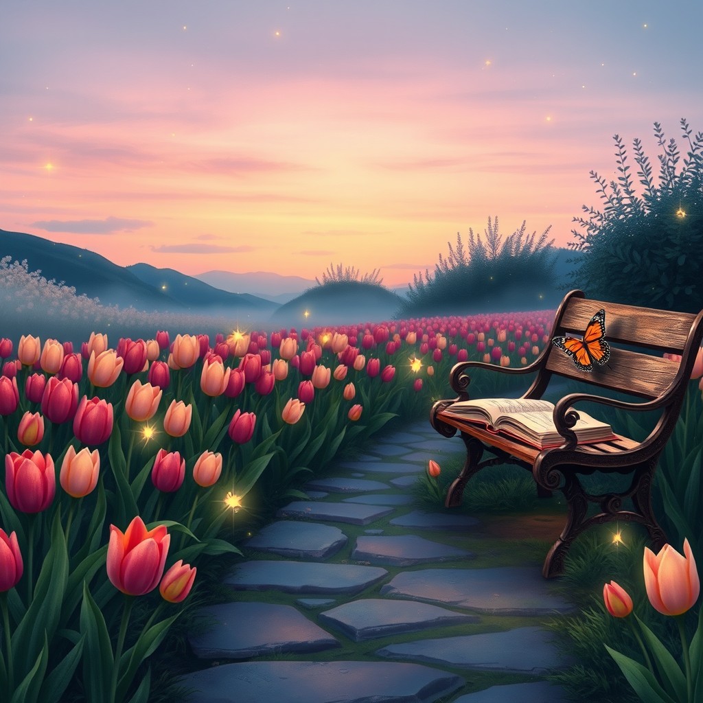 A fairy tale illustration in landscape format featuring a vibrant tulip field under the soft glow of twilight, with a pastel sky in shades of lilac, pink, and deep blue