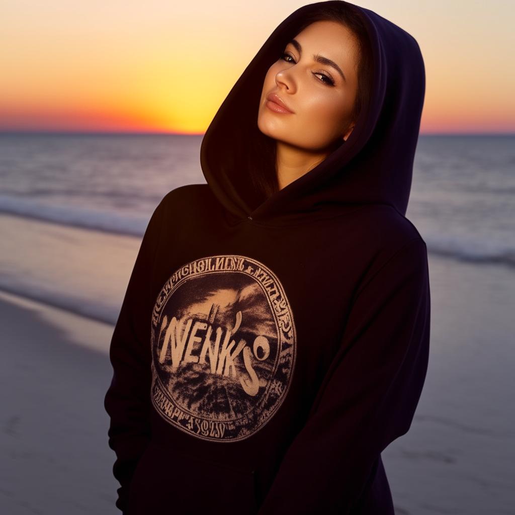 A beautiful Russian woman in a hijab and a hoodie sweatshirt bearing the inscription 'NENK'S', posing on the beach under the beautiful light of the sunset.