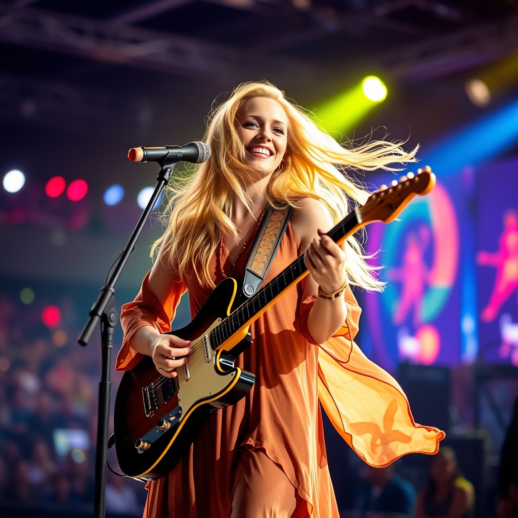 A beautiful blonde woman wearing a flowing tunic, passionately playing the guitar on a vibrant stage
