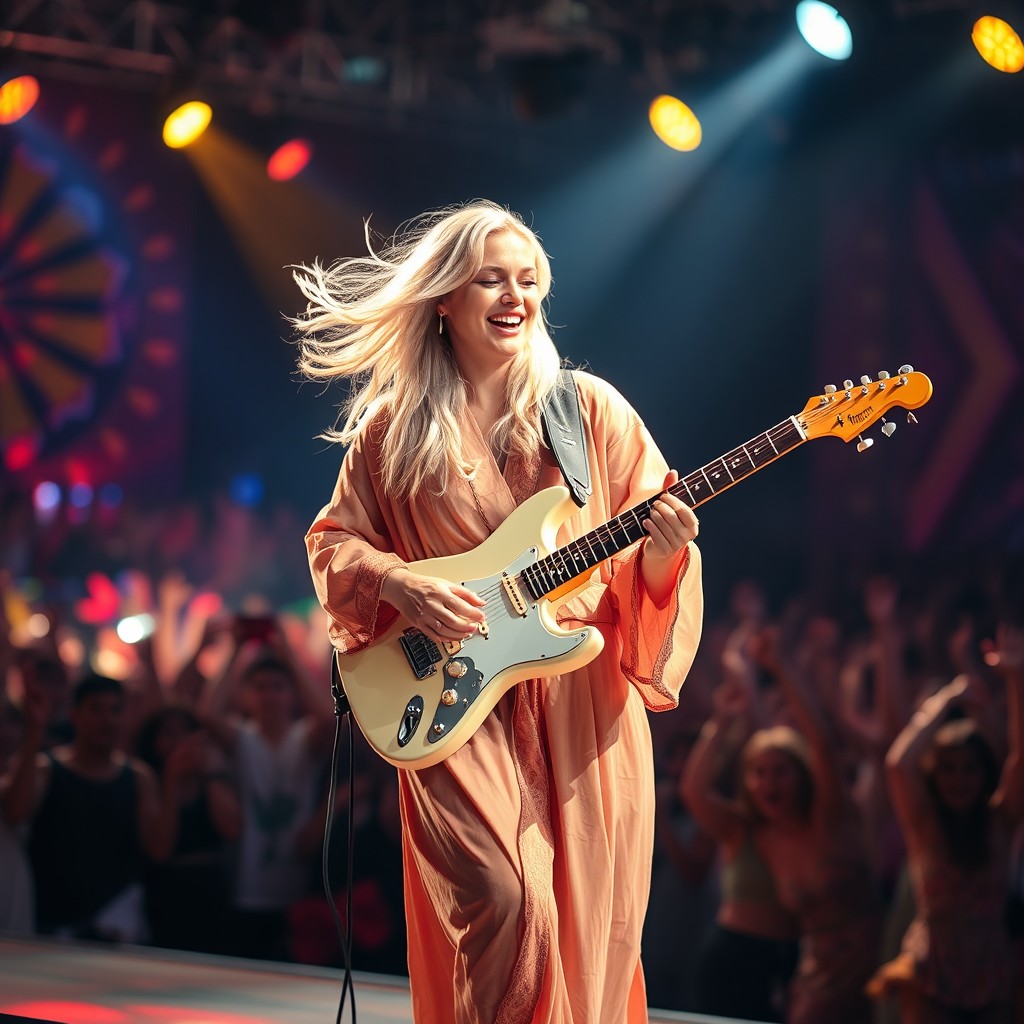 A beautiful blonde woman wearing a flowing robe, passionately playing a guitar on a vibrant stage