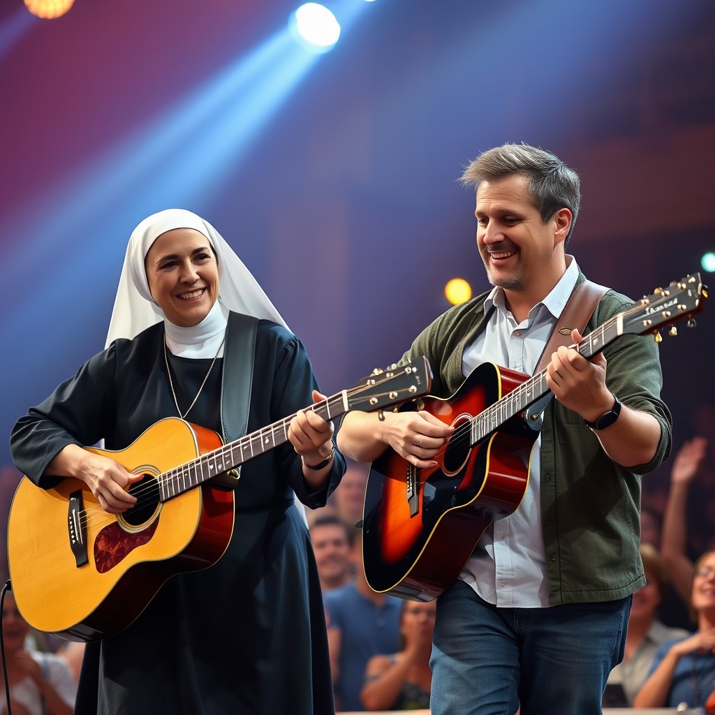 A Catholic nun in traditional attire, complete with a full habit, skillfully playing the guitar alongside a man wearing casual attire, who is also strumming a guitar