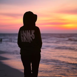 A beautiful Russian woman in a hijab and a hoodie sweatshirt bearing the inscription 'NENK'S', posing on the beach under the beautiful light of the sunset.