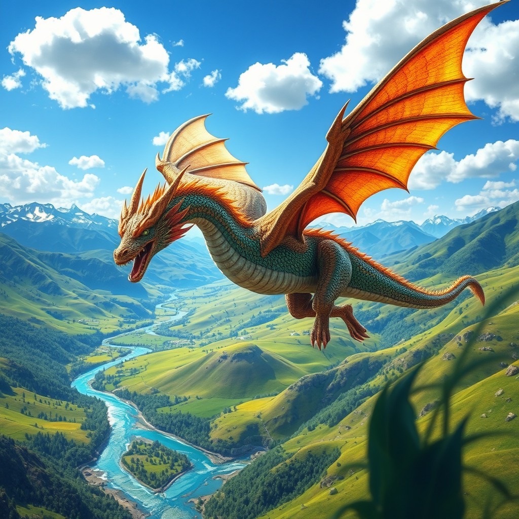 A majestic, mythical dragon soaring gracefully over a vibrant landscape filled with lush green valleys, snow-capped mountains in the distance, and a shimmering river reflecting the sunlight
