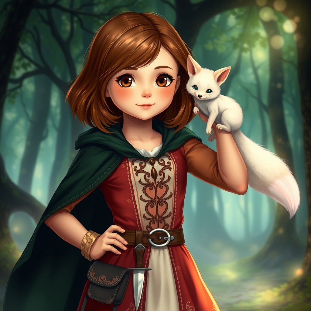 In a spellbinding style, a young girl stands confidently with her arm raised, showcasing her brown shoulder-length hair that frames her expressive brown eyes