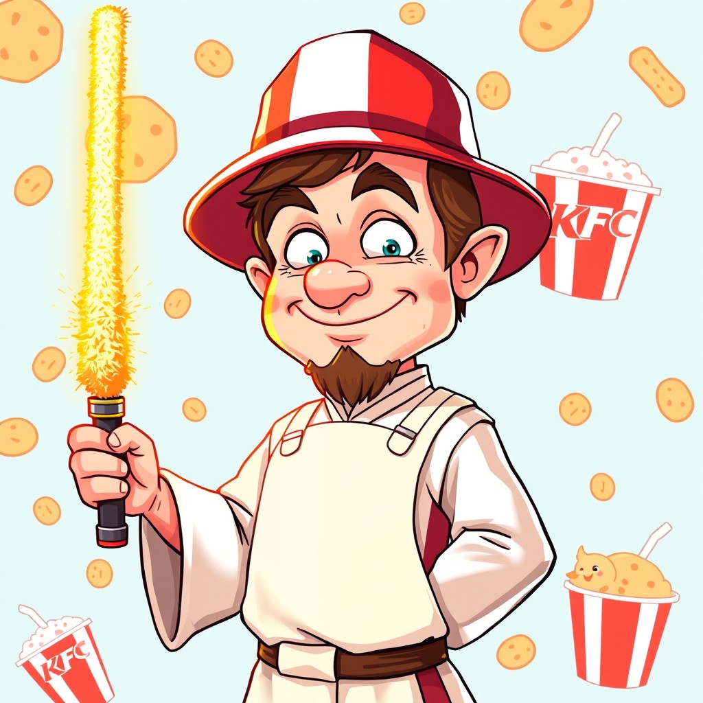 Obi-Wan Kenobi reimagined as 'Obi Wan Kentacky', dressed in a Kentucky Fried Chicken (KFC) uniform complete with a white apron and a large red and white striped bucket hat