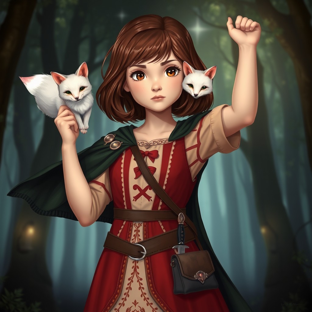 In a spellbinding style, a young girl stands with her arm raised, showcasing her shoulder-length brown hair that beautifully frames her expressive brown eyes