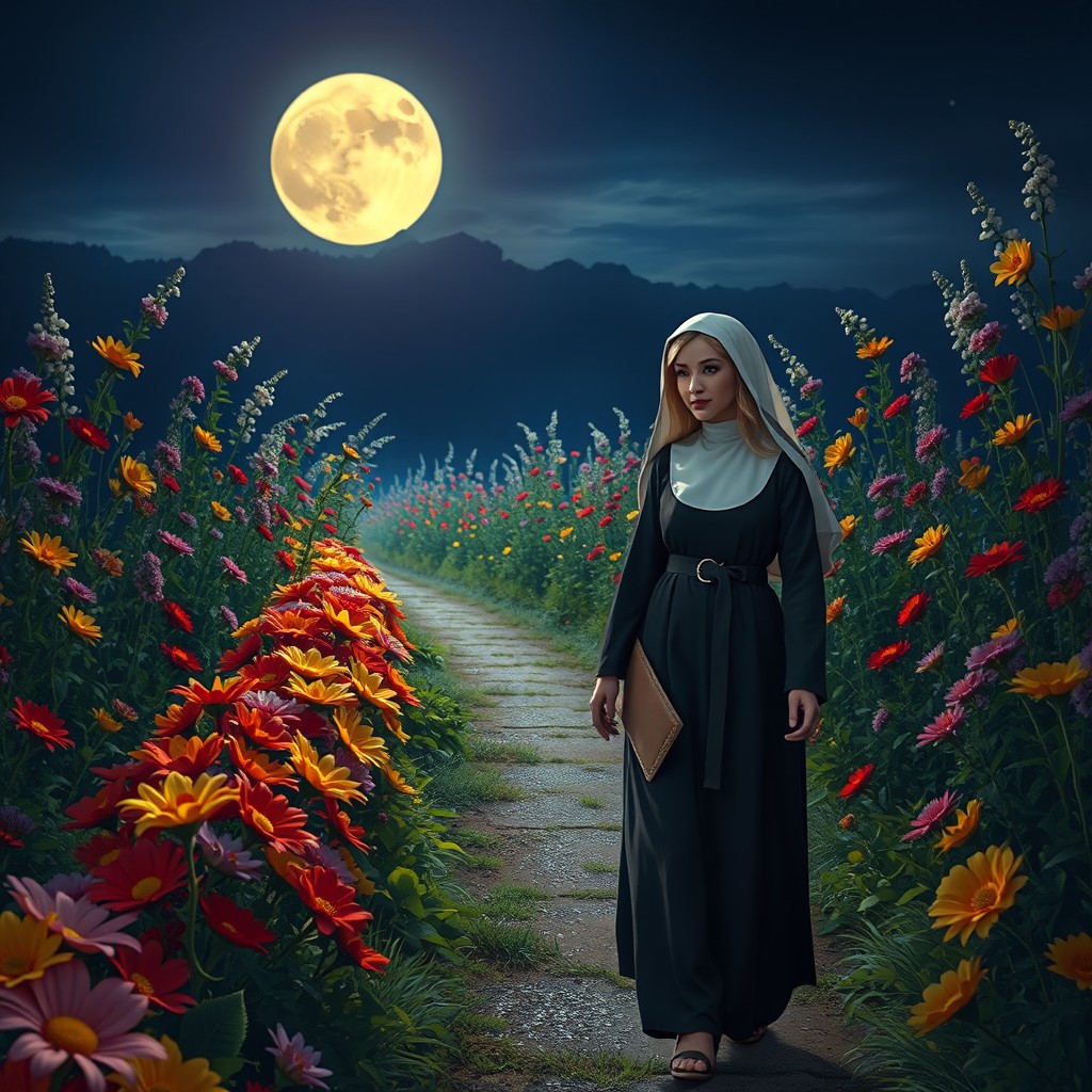 A beautiful, slender blonde nun in traditional attire strolling along a colorful flower path at night