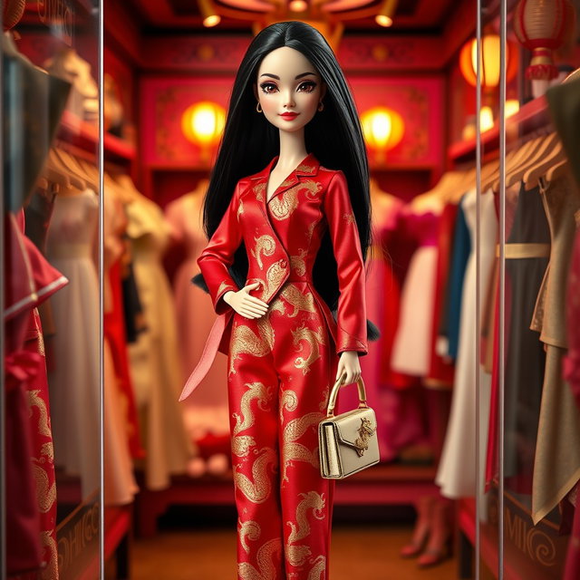 A stunning Barbie doll inspired by Mulan, showcasing long black hair and captivating almond-shaped eyes