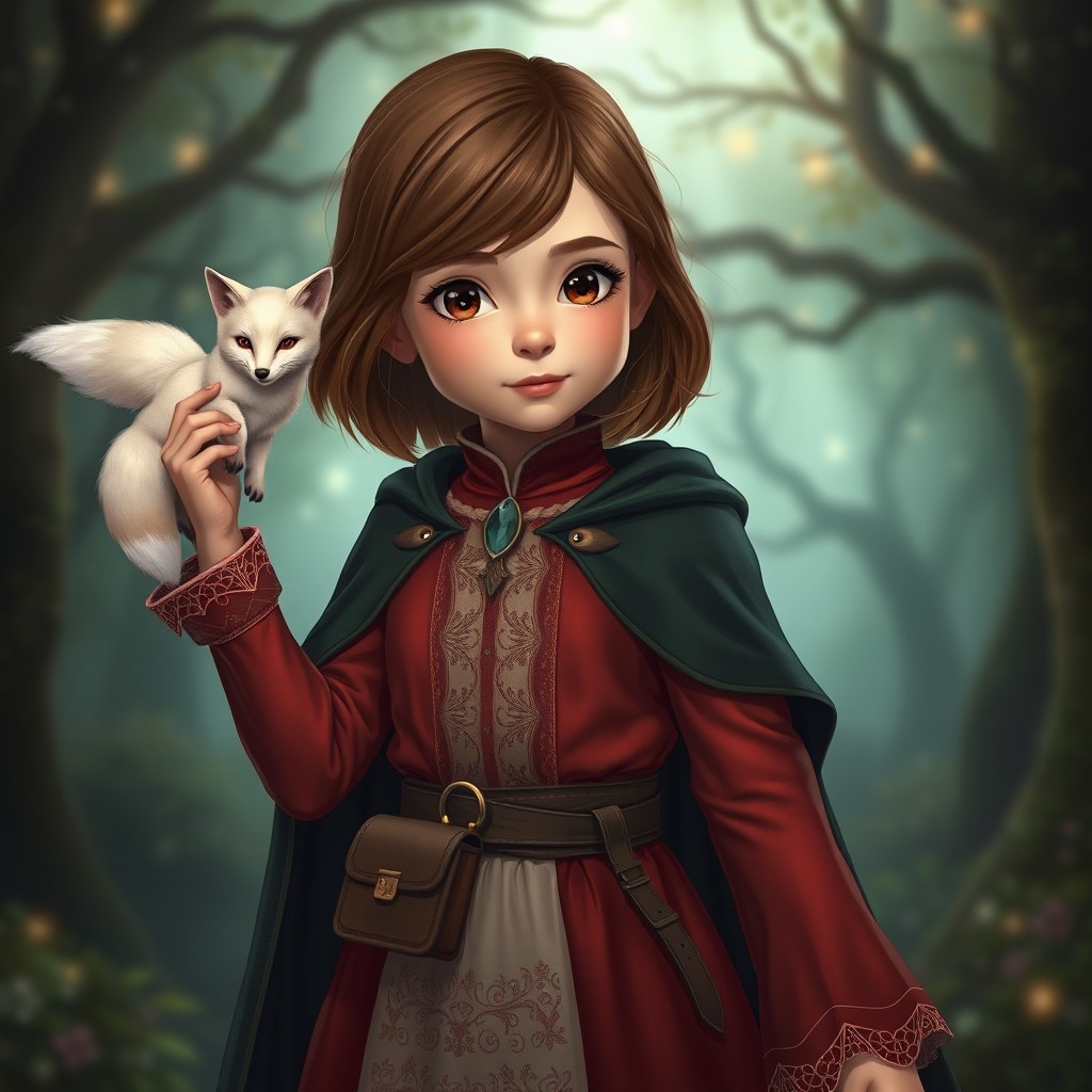 In a spellbinding style, a young girl stands gracefully with her arm slightly raised, showcasing her shoulder-length brown hair and warm brown eyes that sparkle with curiosity