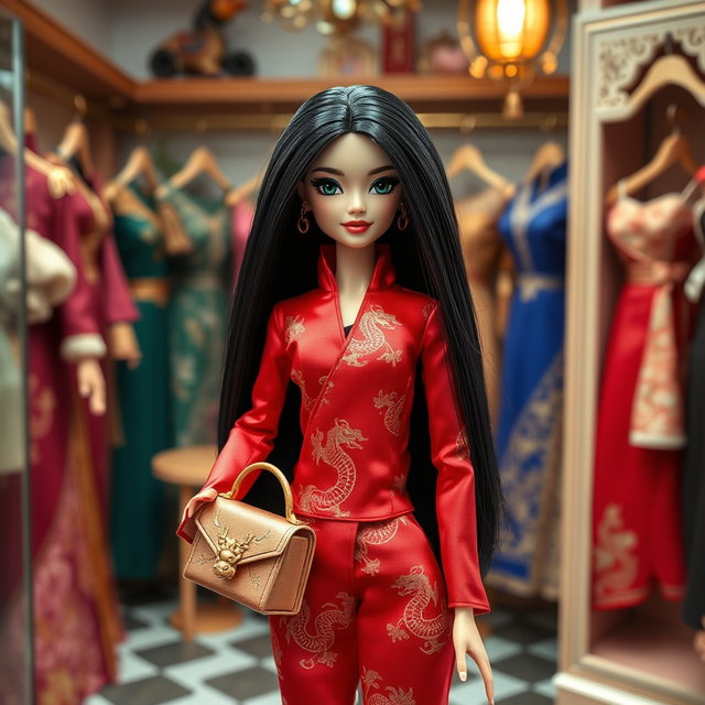 A captivating Barbie doll inspired by Mulan, depicted with long black hair and stunning almond-shaped eyes