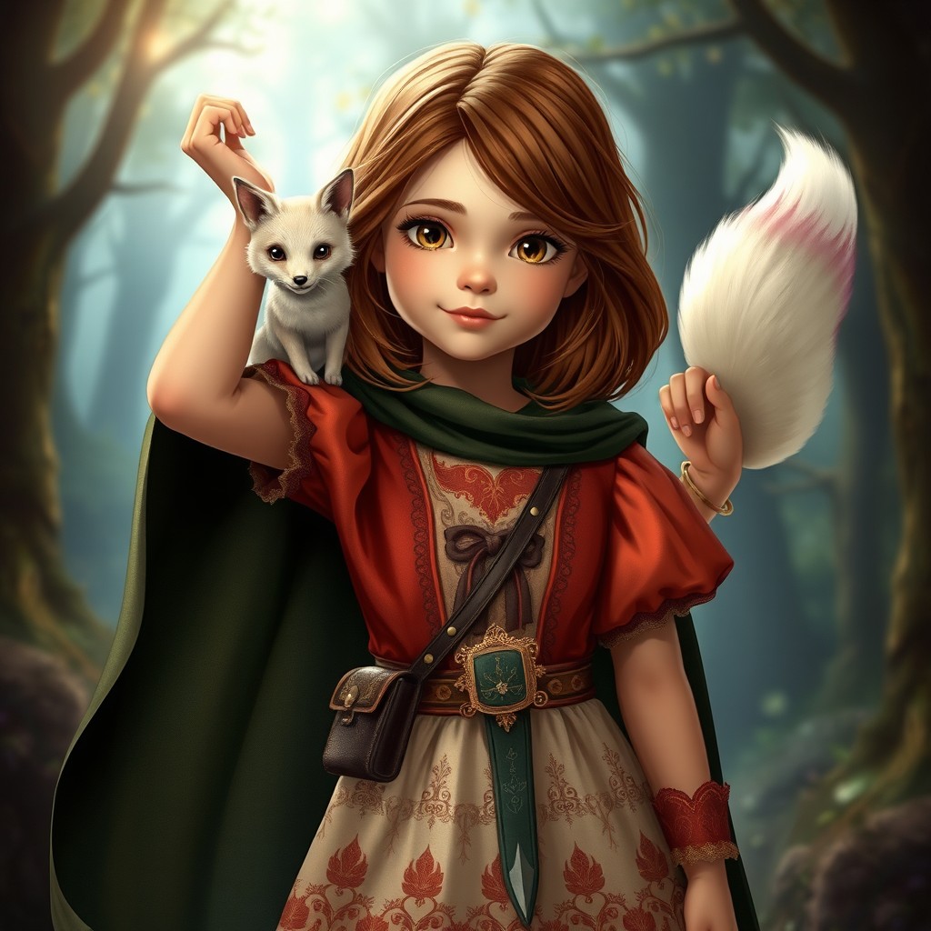 In a spellbinding style, a young girl stands with her arm slightly raised, her brown shoulder-length hair cascading around her shoulders, and her warm brown eyes sparkling with wonder
