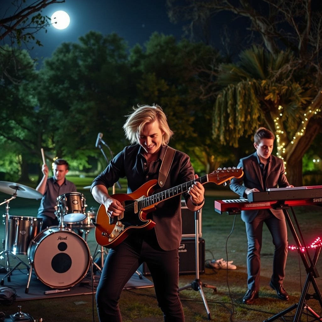 A musical group consisting of a drummer, a guitarist, and a keyboardist performing in a park at night