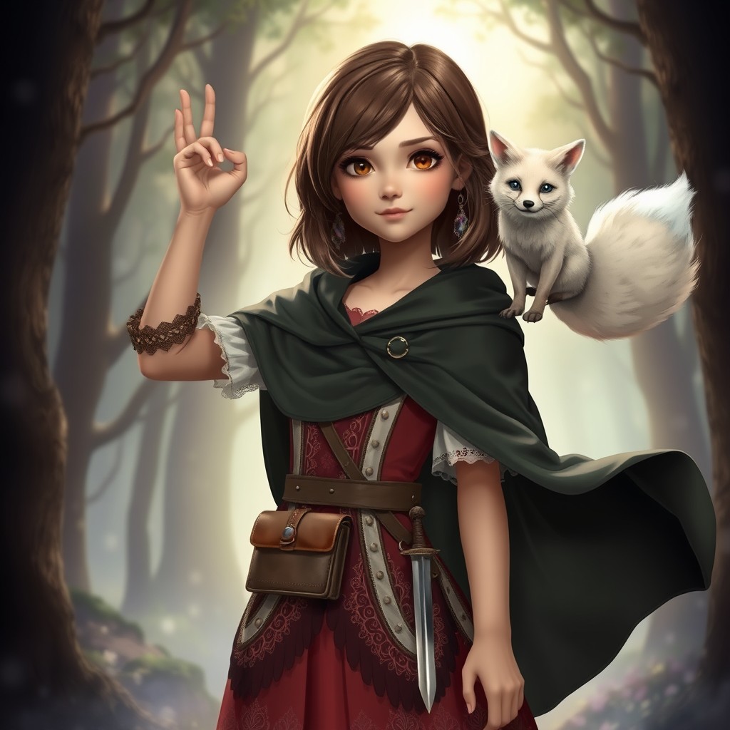 In a spellbinding style, a young girl stands with her arm slightly raised, her brown shoulder-length hair framing her face and her brown eyes sparkling with curiosity