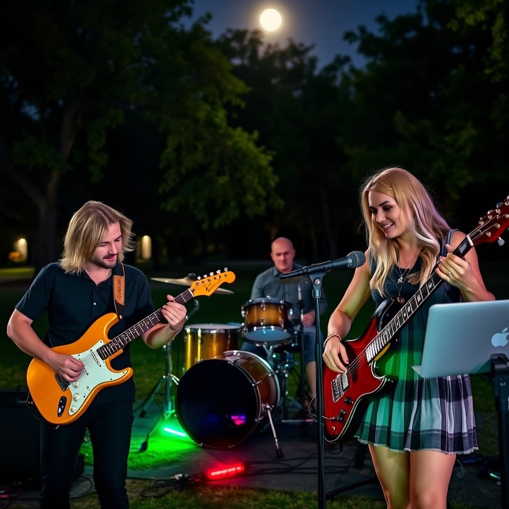 A musical band consisting of a drummer, guitarist, and keyboardist performing in a park at night under the moonlight
