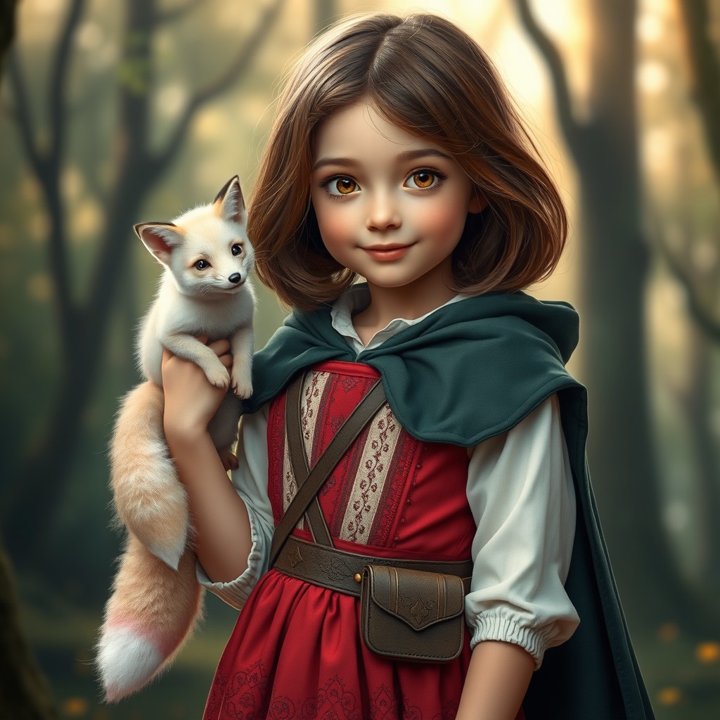 In a spellbinding style, a full-body portrait of a young girl is depicted as she slightly holds her arm up, showcasing her shoulder-length brown hair and sparkling brown eyes filled with wonder