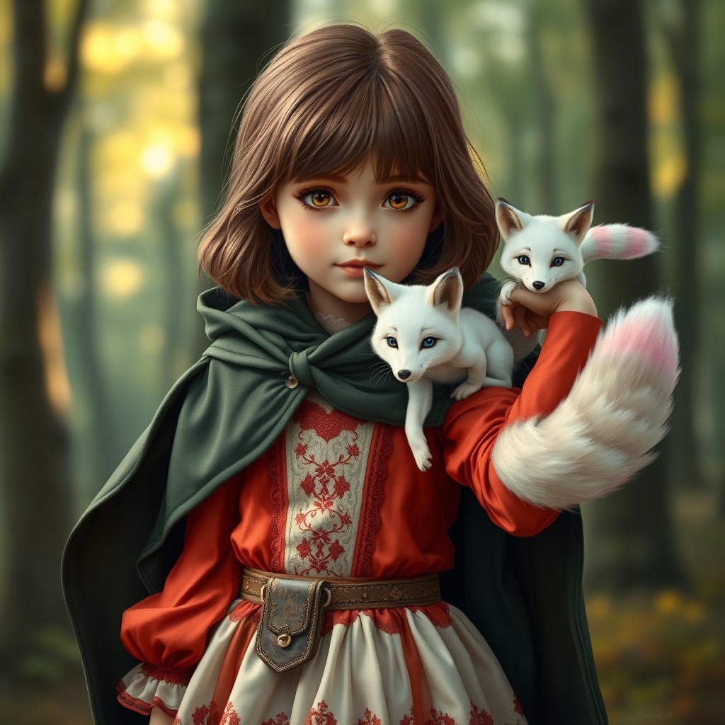 In a spellbinding style, a full-body portrait of a young girl is captured as she slightly holds her arm up, showcasing her brown shoulder-length hair and expressive brown eyes that glimmer with curiosity