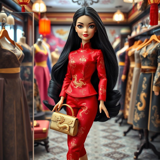 A beautiful Barbie doll with long black hair and striking almond-shaped eyes