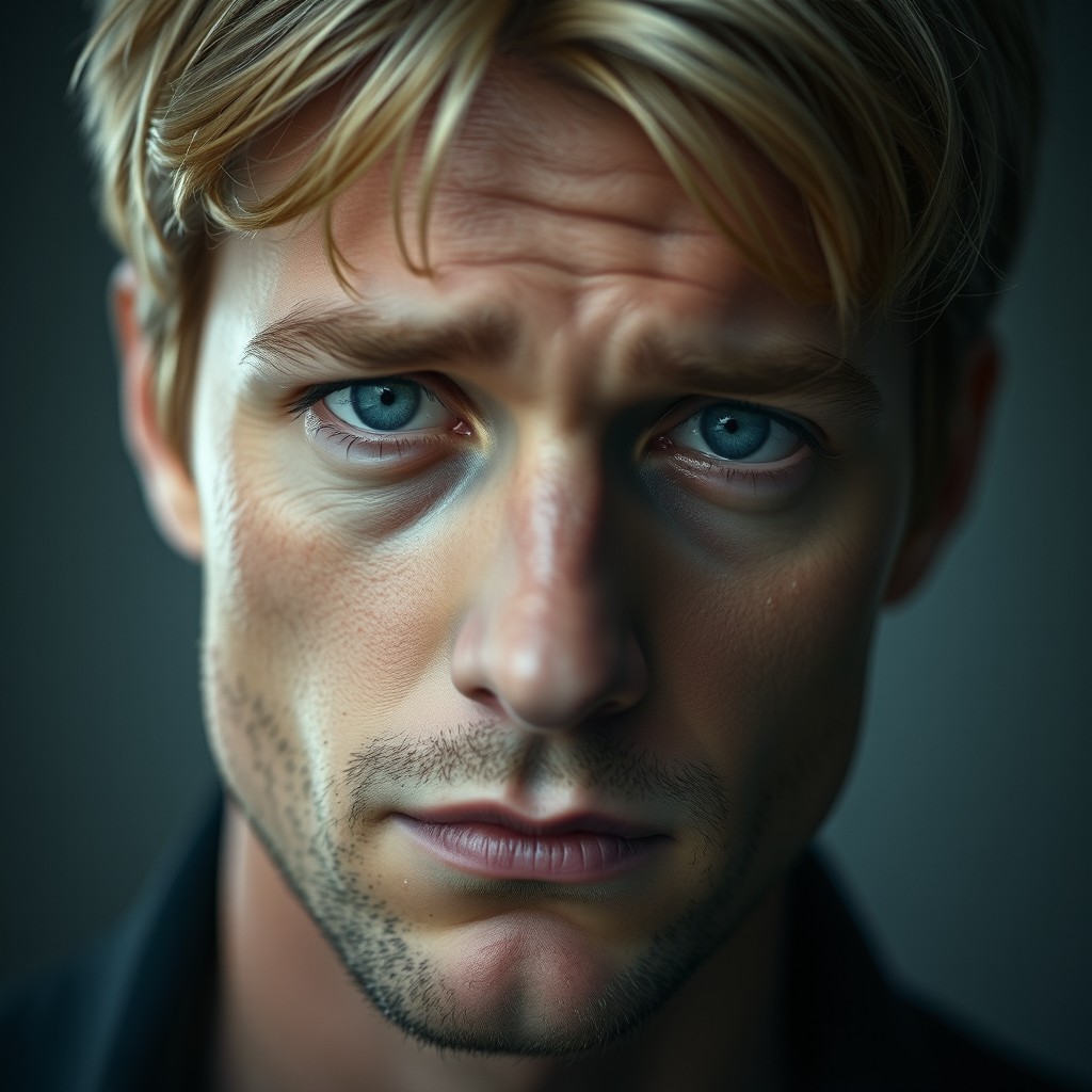 A portrait of a blonde man with blue eyes, crying, looking straight ahead with a deep and emotional expression