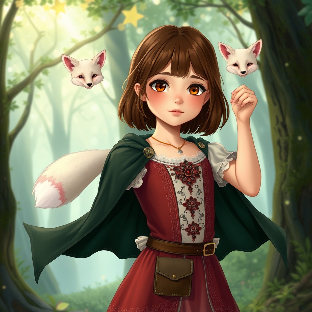 In a spellbinding style, a full-body portrait of a young girl is illustrated as she slightly holds her arm up, showcasing her brown shoulder-length hair and expressive brown eyes that glow with wonder
