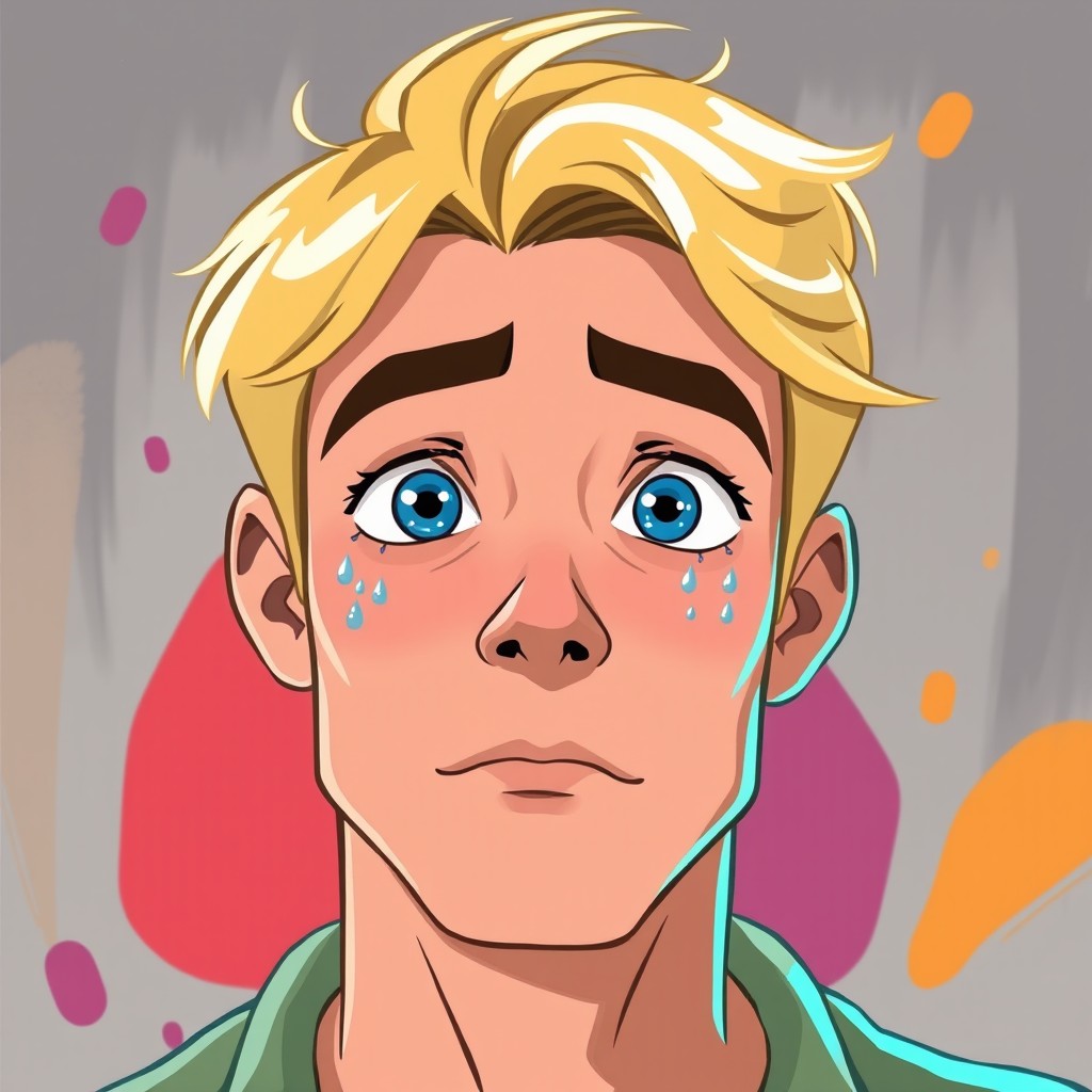 A semi-animated portrait of a blonde man with blue eyes, crying, looking straight ahead with a poignant expression