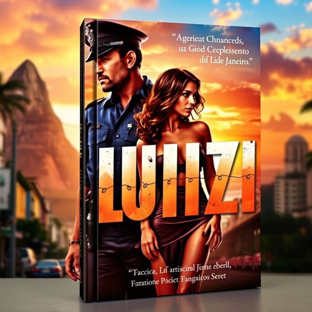 A captivating book cover for 'LUIZI', featuring a passionate yet melancholic scene set in Rio de Janeiro