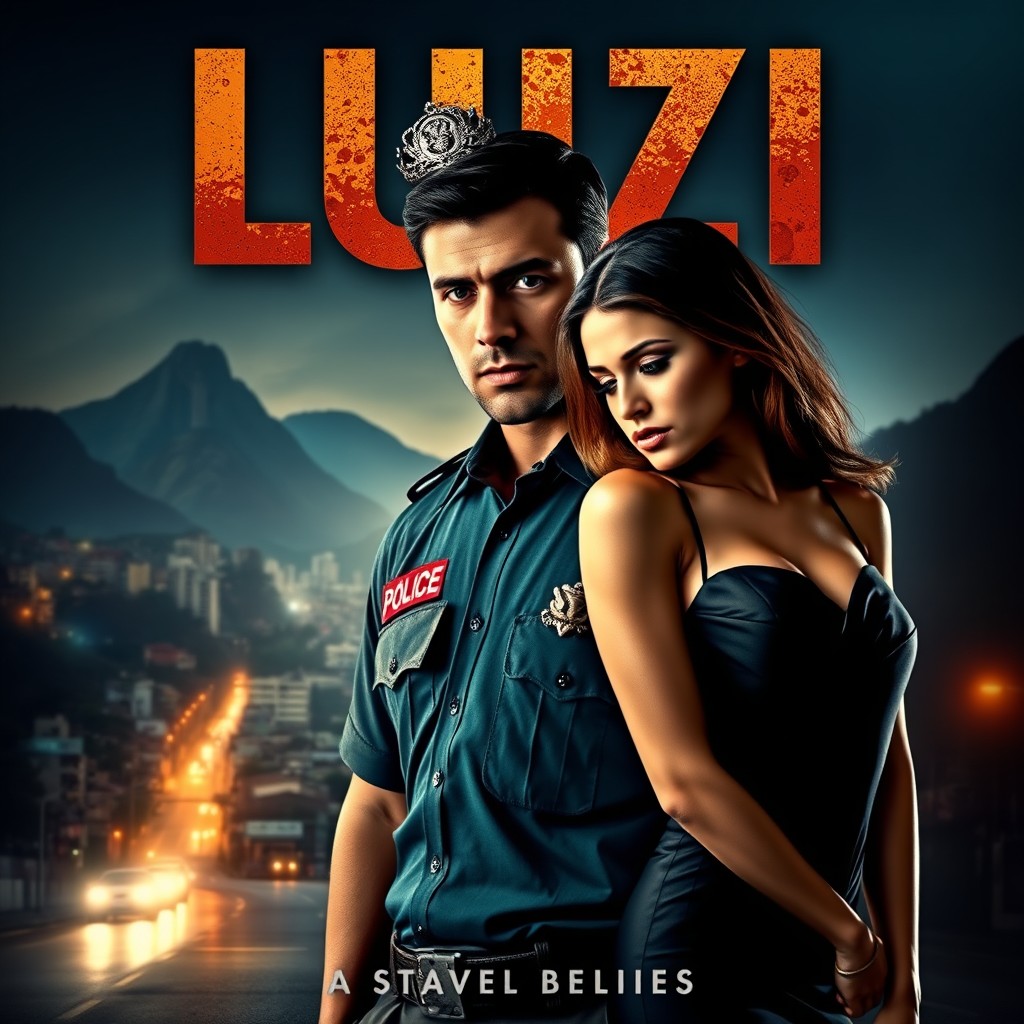 A dramatic and emotional book cover for a novel titled 'LUIZI', featuring a handsome Brazilian police officer in a uniform, standing with a serious expression against a backdrop of Rio de Janeiro's iconic landscape, including vibrant favelas and the Christ the Redeemer statue