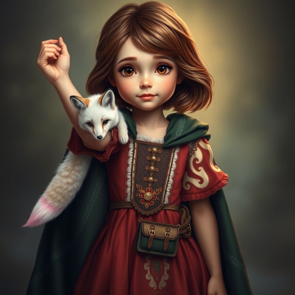 In a spellbinding style, a portrait of a young girl is portrayed, slightly holding her arm up, showcasing her charming brown shoulder-length hair and expressive brown eyes brimming with curiosity