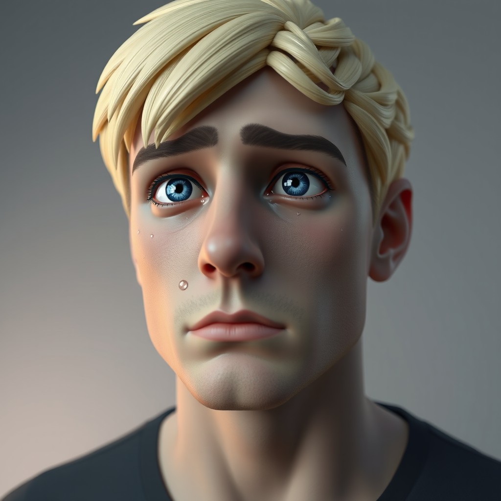 A 3D rendered portrait of a blonde man with blue eyes, crying, looking straight ahead with a deeply emotional expression