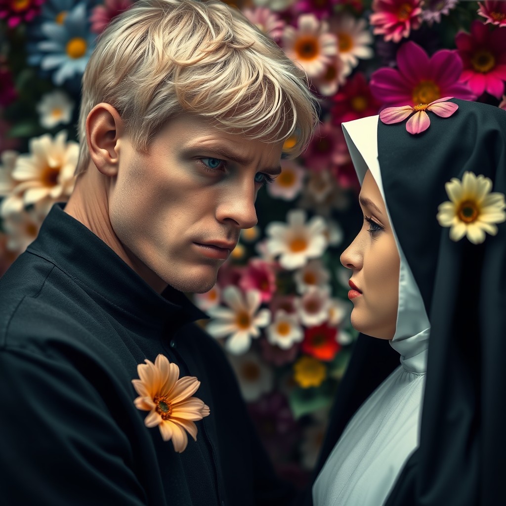 A poignant scene featuring a blonde man with blue eyes crying as he gazes at a woman dressed in a nun's habit