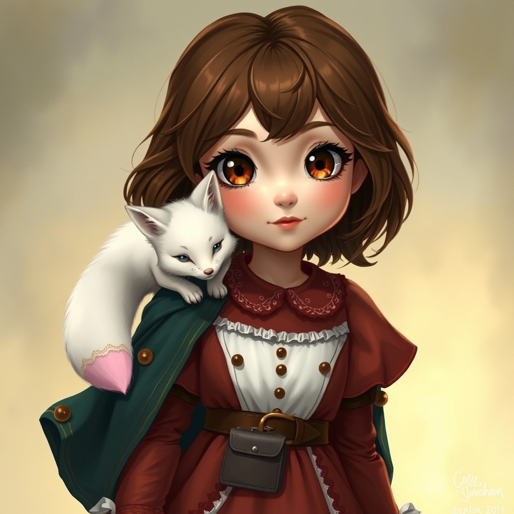 In a spellbinding style, a charming young girl is depicted, featuring brown shoulder-length hair and enchanting brown eyes that sparkle with wonder