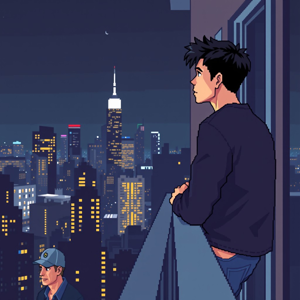 A young man gazing at the city skyline at night, leaning against the balcony of his apartment, depicted in an 8-bit pixel art style