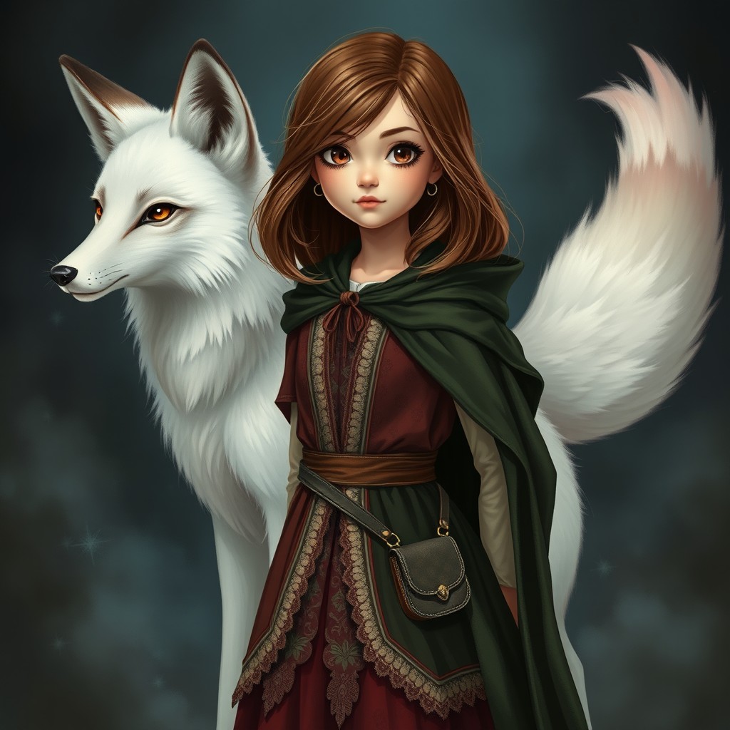 In a spellbinding style, a captivating young girl stands with brown shoulder-length hair and sparkling brown eyes full of wonder